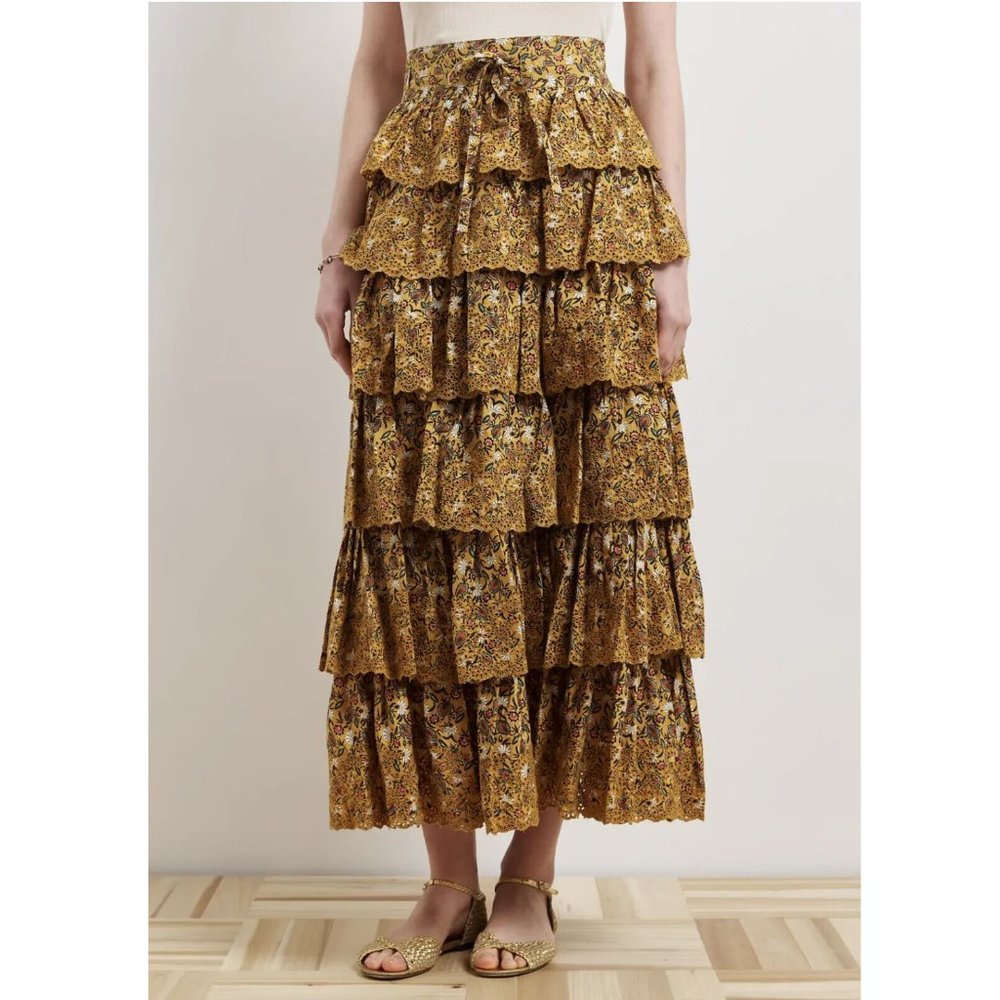 Ulla Johnson Oriana Maxi Skirt Eyelet Embroidered Floral Printed Tiered